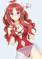  akino_(princess_connect!) akino_(summer)_(princess_connect!) ass_visible_through_thighs bare_arms bare_shoulders blue_background blush bow breasts casual_one-piece_swimsuit choker closed_mouth clothing_cutout collarbone commentary_request drill_hair dutch_angle female frown hairbow hands_up iseshi jewelry light_frown long_hair navel navel_cutout nose_blush one-piece_swimsuit parted_bangs pendant princess_connect! purple_eyes red_hair red_one-piece_swimsuit sarong see-through simple_background solo squiggle swimsuit twin_drills twintails very_long_hair white_bow yellow_choker 