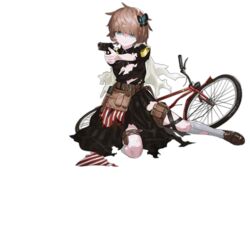  aiming aiming_at_viewer belt belt_buckle bicycle black_dress blue_eyes blush brown_belt brown_footwear brown_hair buckle butterfly_hair_ornament collar damaged defeat dress explosive female full_body girls&#039;_frontline grenade grey_socks gun hair_between_eyes hair_ornament hair_over_eyes handgun holding holding_gun holding_weapon hp-35_(girls&#039;_frontline) official_art pouch reoen shoes short_hair short_sleeves sitting socks solo thigh_strap torn_clothes torn_dress torn_sleeves torn_socks transparent_background trigger_discipline weapon 