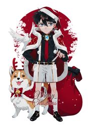  1boy animal black_footwear black_hair black_shirt blue_eyes brooch canine cape christmas closed_mouth collared_shirt commentary dress_shirt edogawa_conan english_commentary full_body glasses hair_between_eyes hat highres jewelry kidkuroba4869 long_sleeves looking_away male_focus meitantei_conan merry_christmas necktie red_cape red_hat red_necktie sack santa_hat shirt shoes short_hair shorts simple_background socks solo suspenders white_background white_shorts white_socks 