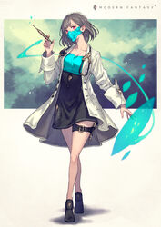  bad_id bad_pixiv_id belt blush breasts cleavage closed_mouth coat collarbone crossed_legs doctor english_text female full_body gradient_hair grey_hair highres holding holding_needle holding_syringe kusano_shinta lab_coat light_smile long_sleeves looking_at_viewer mask multicolored_hair needle open_clothes open_coat original red_eyes shoes short_hair simple_background sleeve_cuffs smile solo squirting_liquid standing stethoscope symbol syringe watson_cross 