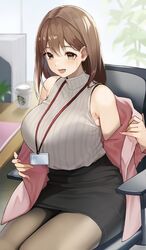  absurdres bare_shoulders blurry blurry_background blush breasts brown_eyes brown_hair brown_pantyhose chair commentary_request cup disposable_cup earrings female fingernails high-waist_skirt highres id_card indoors jacket jewelry large_breasts long_hair mole mole_on_armpit mole_under_eye off_shoulder office_lady ol-chan_(udon) on_chair open_mouth original pantyhose pencil_skirt pink_nails plant simple_background sitting skirt sleeveless smile solo starbucks udon_(udonalium) 