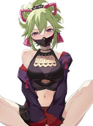  amco bare_shoulders black_shirt black_shorts breasts commentary crop_top female genshin_impact green_hair hair_between_eyes highres indian_style jacket kuki_shinobu long_sleeves looking_at_viewer mask medium_breasts midriff mouth_mask navel off_shoulder open_clothes open_jacket ponytail purple_eyes purple_jacket shirt short_hair short_shorts shorts simple_background sitting sleeveless sleeveless_shirt solo stomach thighs white_background 