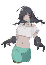  :o absurdres ahoge aqua_choker aqua_pants bad_id bad_pixiv_id bare_shoulders black_gloves black_hair commentary crop_top cropped_legs cropped_shirt dark-skinned_female dark_skin earrings female gloves highres huang_(volt0526) jewelry long_hair looking_at_viewer midriff navel off-shoulder_shirt off_shoulder original pants red_eyes shirt short_sleeves simple_background solo thigh_strap white_background white_shirt 