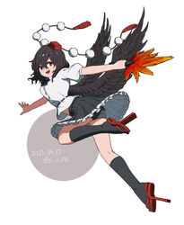  arms_at_sides bird_wings black_hair black_ribbon black_shorts black_skirt black_socks black_wings boyshort_panties circle collared_shirt commentary dated feathered_wings female frilled_skirt frills geta hair_between_eyes hand_fan hat hauchiwa highres holding holding_fan kneehighs looking_to_the_side midriff_peek neck_ribbon pleated_skirt pom_pom_(clothes) puffy_short_sleeves puffy_sleeves red_eyes red_footwear red_hat ribbon shameimaru_aya shirt shishi_osamu short_hair short_shorts short_sleeves shorts shorts_under_skirt skirt socks solo tassel tengu tengu-geta tokin_hat touhou twitter_username underwear upskirt white_shirt wings 