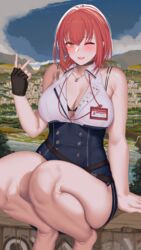  arrow_through_heart bare_shoulders black_gloves blush breasts cleavage female fingerless_gloves gloves hanada_yanochi heart heart_necklace heterochromia hololive houshou_marine houshou_marine_(businesswoman) jewelry landscape large_breasts looking_at_viewer necklace off_shoulder official_alternate_costume one_eye_closed open_mouth pleated_skirt red_hair shirt short_hair skirt smile solo v virtual_youtuber 