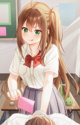  1boy :q ahoge bow bowtie breasts brown_hair bulletin_board buttons classroom commentary day desk dress_shirt eraser female green_eyes hair_between_eyes hair_intakes highres indoors long_hair looking_at_another medium_breasts note_on_back one_side_up original pencil_case photoshop_(medium) pleated_skirt prank red_bow red_bowtie school_uniform shirt short_sleeves sign skirt sleeping tongue tongue_out unjem v-shaped_eyebrows zzz 