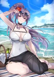  absurdres alternate_costume basket beach bottle breasts choker commission commissioner_upload female fire_emblem fire_emblem:_genealogy_of_the_holy_war flower hair_flower hair_ornament highres ishtar_(fire_emblem) large_breasts non-web_source one-piece_swimsuit outdoors purple_eyes purple_hair sarong skeb_commission solo sunglasses swimsuit tobio_illust water white_one-piece_swimsuit 