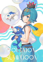  bare_arms blue_eyes blue_hair blue_pants blue_sailor_collar bubble copyright_name female from_side hairband highres holding holding_pokemon kippu lana_(pokemon) on_head pants pokemon pokemon_(creature) pokemon_on_head pokemon_sm popplio pyukumuku sailor_collar short_hair sleeveless tears wishiwashi wishiwashi_(solo) 