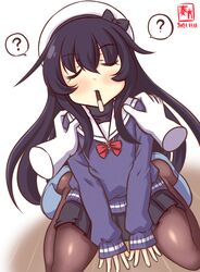  2021 ? akatsuki_(kancolle) alternate_costume artist_logo between_legs black_pantyhose black_skirt blue_cardigan blush bow bowtie cardigan closed_eyes dated disembodied_hand female food food_in_mouth full_body hair_between_eyes hat holding holding_food holding_pocky incoming_pocky_kiss kanon_(kurogane_knights) kantai_collection long_hair long_sleeves messy_hair mouth_hold one-hour_drawing_challenge pantyhose pocky pocky_day pocky_kiss purple_hair red_bow red_bowtie sailor_collar shared_food sitting skirt wariza white_headwear white_sailor_collar 