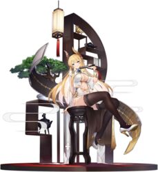  arm_up azur_lane black_thighhighs blonde_hair blue_eyes bonsai breasts center_opening chair china_dress chinese_clothes cleavage dress female flight_deck folding_fan gold_trim grin hand_fan head_tilt high_heels highleg highres holding kaede_(yumesaki_kaede) large_breasts laurel_crown long_hair looking_at_viewer navel official_alternate_costume official_art pelvic_curtain round_shelf shelf short_sleeves sitting smile solo stomach stool thighhighs thighs transparent_background very_long_hair victorious_(azur_lane) victorious_(guidance_of_the_spring_goddess)_(azur_lane) white_dress white_footwear 