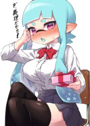  agent_3_(splatoon) aqua_hair aqua_tongue black_thighhighs blue_skirt blunt_bangs blush bow bowtie chair colored_tongue commentary dress_shirt female frown giving hand_in_own_hair highres inkling knee_up long_hair long_sleeves looking_at_viewer miniskirt on_chair open_mouth penguin_maru_(penginmaru) pleated_skirt pointy_ears purple_eyes red_bow red_bowtie school_chair school_uniform shirt simple_background sitting skirt solo splatoon_(series) tentacle_hair thighhighs translated valentine white_background white_shirt wing_collar 