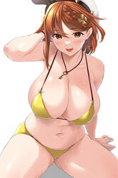  alternate_costume atelier_(series) atelier_ryza atelier_ryza_2 bare_shoulders beret bikini black_ribbon blush braid breasts brown_eyes brown_hair cleavage collarbone earrings female hair_ornament hat highres jewelry kemigawa_mondo key key_necklace large_breasts looking_at_viewer navel necklace open_mouth reisalin_stout ribbon short_hair side_braid sitting smile solo star_(symbol) star_earrings stomach swimsuit thighs wet white_hat yellow_bikini 