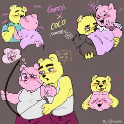  1:1 2023 anthro bear blush bottomwear carrying_another closed_eyes clothing coco_(unicorn_wars) duo english_text gordi_(unicorn_wars) hi_res kissing male male/male mammal pants pink_body sciaecallo shirt slightly_chubby tail tail_motion tailwag text tongue tongue_out topwear unicorn_wars yellow_body 