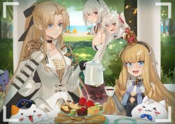  &gt;_&lt; 4girls :3 anchor_choker arm_behind_back azur_lane beach black_choker black_ribbon blonde_hair blue_eyes bow breasts bush cape choker cleavage coffee commentary_request crown day detached_sleeves duan_henglong flat_chest food_request fur-trimmed_cape fur_trim hair_ribbon hairband hairbow high_ponytail large_breasts long_hair long_sleeves looking_at_another looking_at_viewer medium_breasts meowfficer_(azur_lane) mini_crown multiple_girls official_art open_mouth outdoors puffy_long_sleeves puffy_sleeves queen_elizabeth_(azur_lane) ribbon second-party_source short_hair sirius_(azur_lane) sitting standing taking_picture tree valiant_(azur_lane) vanguard_(azur_lane) very_long_hair viewfinder water white_bow white_hair x3 