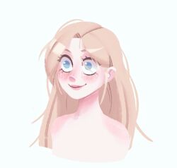  blonde_hair blue_eyes blush closed_mouth commentary cropped_torso cuco_135 english_commentary eyelashes female hair_behind_ear hair_over_one_eye harry_potter_(series) highres long_hair looking_afar looking_ahead luna_lovegood messy_hair nude out-of-frame_censoring parted_bangs pink_lips smile solo wizarding_world 