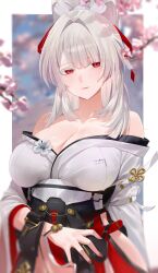  absurdres bare_hips bare_shoulders breasts cleavage closed_mouth commentary cowboy_shot english_commentary female fingernails groin highres hiyuki_(wuthering_waves) huge_breasts japanese_clothes kimono long_hair looking_at_viewer out-of-frame_censoring paid_reward_available red_eyes solo white_eyes white_hair white_kimono wuthering_waves yonesdraws 