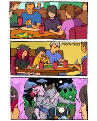  2026 3_panel_comic 4:5 accessory beetlemoses blank_expression bottomwear bow_ribbon canid canine closed_eyes clothing duo female food group hair hair_accessory hair_ribbon hairbow hi_res hoodie hug hugging_another hugging_from_behind human humor male mammal motorcycle muscular mythological_canine mythological_creature mythology night plant restaurant ribbons shirt shirtless shorts sitting sleeveless_shirt smile t-shirt thought_bubble topwear tree vehicle werecanid werecanine werecreature werewolf 