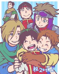  5boys antenna_hair armor bandana black_hair blonde_hair brown_hair chinese_clothes cleo_(suikoden) commentary_request female gensou_suikoden gensou_suikoden_i gloves gremio_(suikoden) long_hair multiple_boys pahn_(suikoden) scar scar_on_cheek scar_on_face short_hair t_t_n ted_(suikoden) teo_mcdohl tir_mcdohl 