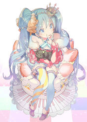  :p animal bare_shoulders blue_eyes blue_hair blue_thighhighs cake canine commentary_request crown earrings female food fruit full_body gin_(oyoyo) hatsune_miku high_heels jewelry long_hair simple_background sitting smile strawberry thighhighs tongue tongue_out twintails very_long_hair viva_happy_(vocaloid) vocaloid 