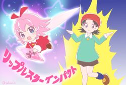  2girls adeleine black_hair blue_eyes brown_eyes brown_skirt commentary fairy fairy_wings flying glowing green_shirt hair_ribbon highres holding kirby:_star_allies kirby_(series) leg_up long_sleeves looking_at_viewer medium_hair multiple_girls open_mouth parody pink_hair pokemon pokemon_sm pose red_hair red_ribbon ribbon ribbon_(kirby) shirt skirt star_(symbol) takobe twitter_username wings wristband z-crystal z-move 