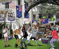  6:5 alcohol animal_pool_toy antelope anthro australia australia_day australian_flag avian ball banner barbecue beach_ball beer beverage bikini billmund bird bovid breasts bunting_(banner) canid canine canton caprine cere_(anatomy) clothed clothing columbid common_pigeon cooler creatures_of_the_night crocodile crocodilian crocodylid decoration deer digital_media_(artwork) dodger_(creatures_of_the_night) domestic_pig equid equine facepalm felid female flag flag_(object) flag_on_wall flag_print foam_finger food fox fur gazelle goat graffiti grill group hair hi_res holidays horn horse inanimate_object inflatable j&auml;germeister lagomorph leporid male mammal night_owl_(creatures_of_the_night) outside party pigeon pool_toy rabbit reptile scalie shaded smile snowy_(creatures_of_the_night) soccer soccer_ball sport standing suid suina sus_(pig) swimwear the_stag topless wingman 