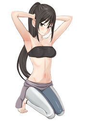  adjusting_hair amanchu! arm_behind_head armpits arms_behind_head arms_up bandeau bare_shoulders barefoot bikini black_bikini bodysuit breasts brown_eyes brown_hair cleavage commentary_request diving_suit easy_(aqk7bdqt) female full_body groin katori_mato kneeling long_hair looking_at_viewer medium_breasts navel ponytail sidelocks simple_background smile solo stomach strapless swimsuit tube_top very_long_hair wetsuit white_background 