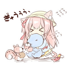  &gt;_&lt; animal animal_ear_fluff animal_ears animal_hug azur_lane bad_id bad_pixiv_id bell blue_shirt bonobono bonobono_(character) bow cat_ears cat_girl cat_tail chibi closed_eyes commentary_request crossover crying facing_viewer female flying_sweatdrops hair_ribbon hat jingle_bell kindergarten_uniform kisaragi_(azur_lane) long_hair long_sleeves lowres no_shoes one_side_up otter pantyhose pink_hair purinpurin red_bow red_ribbon ribbon school_hat shimarisu_(bonobono) shirt skirt squirrel tail tail_bell tail_bow tail_ornament tears thighhighs translation_request very_long_hair white_background white_thighhighs yellow_hat yellow_skirt 