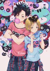  2boys bad_id bad_pixiv_id black_hair blonde_hair blowing_bubbles blush chewing_gum crossed_arms dangmill feline haikyuu!! highres jewelry kozume_kenma kuroo_tetsurou long_hair male_focus multiple_boys necklace one_eye_closed shirt wristwear 