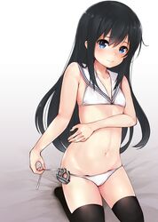  asashio_(kancolle) bad_anatomy bikini black_hair black_thighhighs blue_eyes blush breasts colis_(regunm772) commentary_request cosplay embarrassed female highres kantai_collection long_hair looking_at_viewer navel sailor_bikini sailor_collar side-tie_bikini_bottom small_breasts solo stomach swimsuit thighhighs thighs white_bikini z3_max_schultz_(kancolle) z3_max_schultz_(kancolle)_(cosplay) z3_max_schultz_(swimsuit_mode)_(kancolle) 