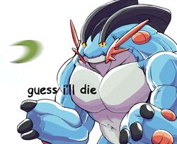  2018 3_fingers aliasing amphibian anthro barazoku biceps big_muscles biped black_eyes blue_body blue_skin collarbone comic_sans countershade_face countershade_torso countershading daily-incineroar digital_drawing_(artwork) digital_media_(artwork) english_text external_gills fin fingers frown generation_6_pokemon gesture gills grey_body grey_countershading grey_skin guess_i&#039;ll_die half-length_portrait humor icon image_macro imminent_death looking_at_viewer male mega_evolution mega_swampert meme motion_blur multicolored_body multicolored_skin muscular muscular_anthro muscular_male navel neck_muscles nintendo nude parody pecs pokemon pokemon_(species) portrait razor_leaf reaction_image shitpost shrug simple_background solo standing text two_tone_body two_tone_skin white_background yellow_sclera 