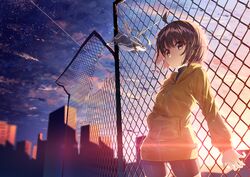  :&lt; ahoge backlighting banned_artist bike_shorts breasts broken_fence brown_eyes brown_hair chain-link_fence commentary_request dragon fence hand_in_pocket hood hoodie kuu_(under_night_in-birth) linne looking_at_viewer short_hair small_breasts solo_focus sunset under_night_in-birth yusano 