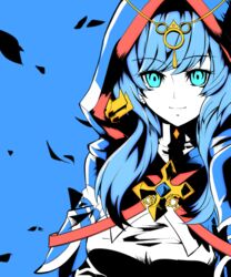  blue_eyes blue_hair breasts cleavage cloak commentary_request earrings elsword female hair_ornament hood jewelry korean_commentary long_hair priestess sasha_(elsword) simple_background smile soo_(vyve2555) symbol 