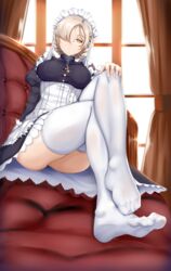  absurdres apron arm_at_side azur_lane black_dress blonde_hair braid breasts chiyo_goya closed_mouth commentary crossed_legs curtains dress english_commentary expressionless feet female frills hair_over_one_eye hand_on_own_knee highres indoors juliet_sleeves knees_up long_sleeves looking_at_viewer maid maid_headdress medium_breasts no_shoes puffy_sleeves sheffield_(azur_lane) short_hair sitting soles solo thighhighs underbust white_apron white_thighhighs window yellow_eyes 