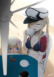  2girls absurdres arm_at_side beach_umbrella blonde_hair breasts commentary_request crab cup dai_yasude graf_zeppelin_(kancolle) hair_between_eyes hat head_rest highres jacket kantai_collection large_breasts looking_at_viewer midriff military_hat multiple_girls one_eye_closed open_clothes open_jacket open_mouth peaked_cap ro-500_(kancolle) sidelocks sitting table tan teacup track_jacket twintails umbrella 