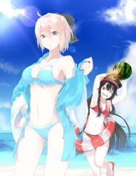  2girls ;d armpits arms_up bad_id bad_pixiv_id beach bikini black_hair blue_bikini blue_sky cloud commentary_request day fate_(series) food fruit hat highres innertube koha-ace kurogiri long_hair looking_at_viewer midriff multiple_girls navel ocean oda_nobunaga_(fate) oda_nobunaga_(koha-ace) okita_souji_(fate) okita_souji_(koha-ace) one_eye_closed open_mouth outdoors pink_hair red_bikini sandals sky smile swim_ring swimsuit teeth watermelon yellow_eyes 