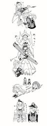  ark_royal_(kancolle) arrow_(projectile) arrow_through_hat bismarck_(kancolle) blunt_bangs bow_(weapon) braid commentary_request crown dress european_princess fingerless_gloves gloves greyscale half_up_braid hat highres kantai_collection military_hat mini_crown monochrome multiple_girls off-shoulder_dress off_shoulder peaked_cap prinz_eugen_(kancolle) short_hair translated warspite_(kancolle) weapon weidashming 