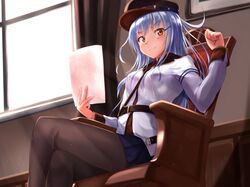  akabane_hibame alternate_hair_color armchair belt blue_skirt breasts brown_pantyhose chair closed_mouth commentary_request crossed_legs female gangut_(kancolle) grey_hair hair_ornament hairclip hands_up hat holding holding_paper indoors jacket kantai_collection long_hair long_sleeves looking_at_viewer medium_breasts military military_jacket military_uniform miniskirt oktyabrskaya_revolyutsiya_(kancolle) orange_eyes pantyhose paper peaked_cap pleated_skirt red_shirt scar scar_on_cheek scar_on_face shirt sitting skirt smile solo uniform very_long_hair white_jacket window 