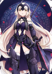  armor blonde_hair breasts chains cleavage commentary_request fate/grand_order fate_(series) female gauntlets headpiece highres jeanne_d&#039;arc_alter_(avenger)_(fate) jeanne_d&#039;arc_alter_(avenger)_(third_ascension)_(fate) jeanne_d&#039;arc_alter_(fate) long_hair medium_breasts navel solo sword thighhighs umishima_rinta weapon yellow_eyes 