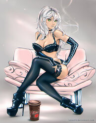  bad_anatomy bad_id bad_pixiv_id bra breasts chair choker cigarette cleavage cross crossed_legs female green_eyes hand_on_own_hip platform_footwear platform_heels smoke smoking solo tatti_art thighhighs underwear white_hair 