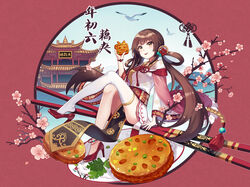  bilibili bird blush breasts brown_eyes brown_hair character_request cherry_blossoms chopsticks closed_mouth collarbone commentary_request female food_request high_heels highres large_breasts long_hair looking_at_viewer pagoda plate sharlorc shoe_dangle sitting smile solo thighhighs tongue tongue_out twintails very_long_hair white_thighhighs xiao_dianshi 