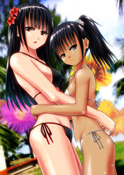  2girls ano_hito bad_id bad_pixiv_id bikini black_bikini blush brown_eyes commentary_request hair_ornament hair_scrunchie long_hair looking_at_viewer multiple_girls open_mouth original outdoors ponytail scrunchie side-tie_bikini_bottom summer swimsuit tan white_bikini 