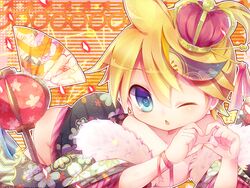  1boy blonde_hair blue_eyes blush crown fan floral_print fur gigantic_o.t.n_(vocaloid) heart heart-shaped_pupils japanese_clothes kagamine_len lantern lolicon male_focus mars_symbol mizuno_eru off_shoulder one_eye_closed open_clothes open_mouth solo traditional_clothes vocaloid 