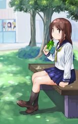  4girls bad_id bad_pixiv_id bench black_socks blue_skirt blurry blush brown_eyes brown_hair bush closed_mouth daifuku_(nyuudoukajika) day depth_of_field drinking_straw grass highres hinata_yukari ichii_yui juice_box kneehighs legs_together loafers long_hair long_sleeves looking_at_viewer multiple_girls neckerchief nonohara_yuzuko okano_kei outdoors pleated_skirt school school_uniform serafuku shoes sitting skirt socks tree window yellow_neckerchief yuyushiki yuyushiki&#039;s_school_uniform 