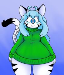  :3 anthro blue_blush blue_eyes blue_hair blush bottomless clothed clothing felid female flat_chested fur hair iguanasarecool mammal markings nikki_corbin pantherine siberian_tiger solo standing stripes sweater the_corbin_family thick_thighs tiger topwear turtleneck white_body white_fur wide_hips youtuber 