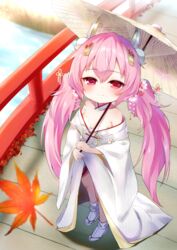  autumn_leaves azur_lane blurry blurry_background blush breasts bridge brown_umbrella closed_mouth commentary_request day depth_of_field female flower hair_flower hair_ornament hamakaze_(azur_lane) headgear highres holding holding_umbrella japanese_clothes kimono kokone_(coconeeeco) leaf long_hair maple_leaf off_shoulder oil-paper_umbrella outdoors partial_commentary pink_hair red_eyes red_flower river small_breasts smile socks solo standing table twintails umbrella very_long_hair water white_flower white_kimono white_socks 