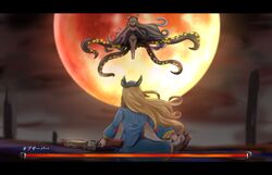  2girls animal_ears antique_firearm azur_lane blonde_hair bloodborne blunderbuss breasts cat_ears cleavage commentary dual_wielding floating from_behind grey_hair gun hat health_bar highres holding holding_weapon hunter_(azur_lane) long_sleeves moon moon_presence_(bloodborne) multiple_girls name_connection observer_alpha_(azur_lane) parody red_moon saw saw_cleaver siren_(azur_lane) spoilers tadai_nu tentacle tricorne weapon yellow_eyes 