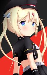  :t absurdres azur_lane bandeau black_background black_gloves black_hat black_jacket black_skirt blonde_hair blue_eyes blush bow closed_mouth commentary cropped_jacket diagonal_stripes female flat_chest gloves hair_ornament hairbow hairclip hat highres jacket long_hair looking_away looking_to_the_side peaked_cap pleated_skirt pout red_background short_sleeves sidelocks skirt solo striped striped_bow symbol-only_commentary twintails two-tone_background yuujoduelist z18_(azur_lane) 