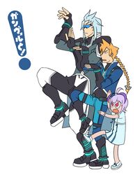  2boys asimov_(gunvolt) azure_striker_gunvolt blonde_hair blue_dress blue_hair boots braid duodynamo female fingerless_gloves gloves gunvolt joule_(gunvolt) lolicon long_hair multiple_boys purple_eyes purple_hair short_hair simple_background sunglasses uniform visor yotsubato! yotsubato!_pose zipper 