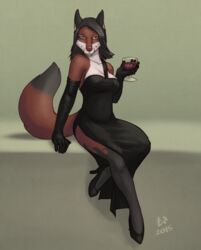  2015 5_fingers alcohol anthro armwear beverage biped black_hair breasts canid canine clothed clothing cocktail_dress digital_media_(artwork) dipstick_tail dress elbow_gloves female fingers footwear fox front_view fur glass gloves hair handwear hi_res high_heels holding_glass holding_object leg_markings looking_at_viewer mammal markings mosa multicolored_body multicolored_fur multicolored_tail orange_eyes pose shoes sitting socks_(marking) solo tail tail_markings wine 