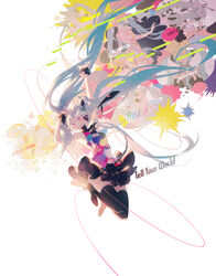  arms_up black_footwear black_thighhighs boots commentary copyright_name creator_connection decorator_(vocaloid) female floating_hair hatsune_miku headset highres last_night_good_night_(vocaloid) livetune long_hair necktie open_mouth pink_eyes redial_(vocaloid) rella satisfaction_(kz)_(vocaloid) skirt solo songover tell_your_world_(vocaloid) thigh_boots thighhighs twintails very_long_hair vocaloid white_background yellow_(vocaloid) 